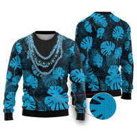Blue Hawaii Kukui Nut Lei Ugly Christmas Sweater Hawaiian Pattern Monstera Tropical Vibes - Polynesian Pride