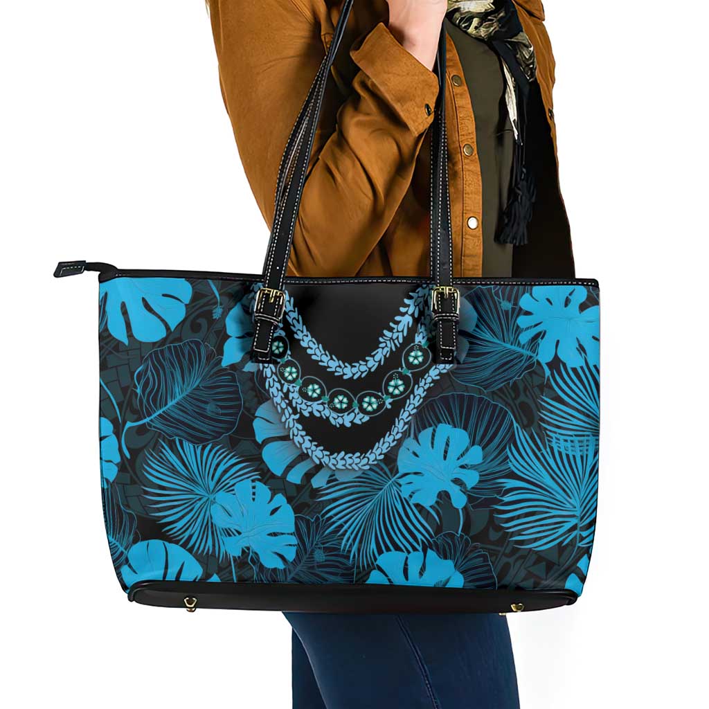 Blue Hawaii Kukui Nut Lei Leather Tote Bag Hawaiian Pattern Monstera Tropical Vibes - Polynesian Pride