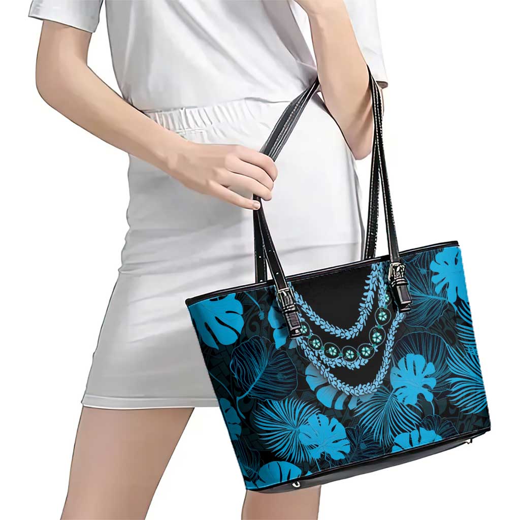 Blue Hawaii Kukui Nut Lei Leather Tote Bag Hawaiian Pattern Monstera Tropical Vibes - Polynesian Pride