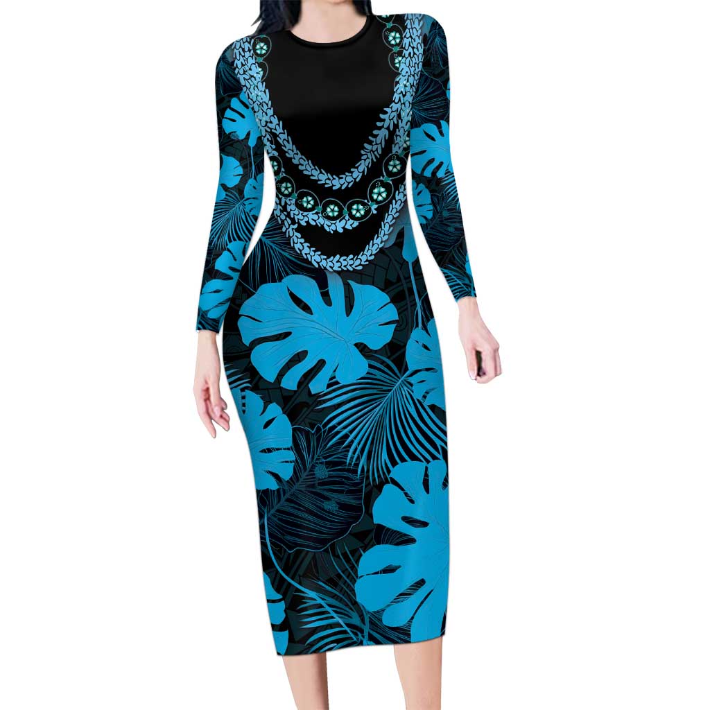 Blue Hawaii Kukui Nut Lei Long Sleeve Bodycon Dress Hawaiian Pattern Monstera Tropical Vibes - Polynesian Pride