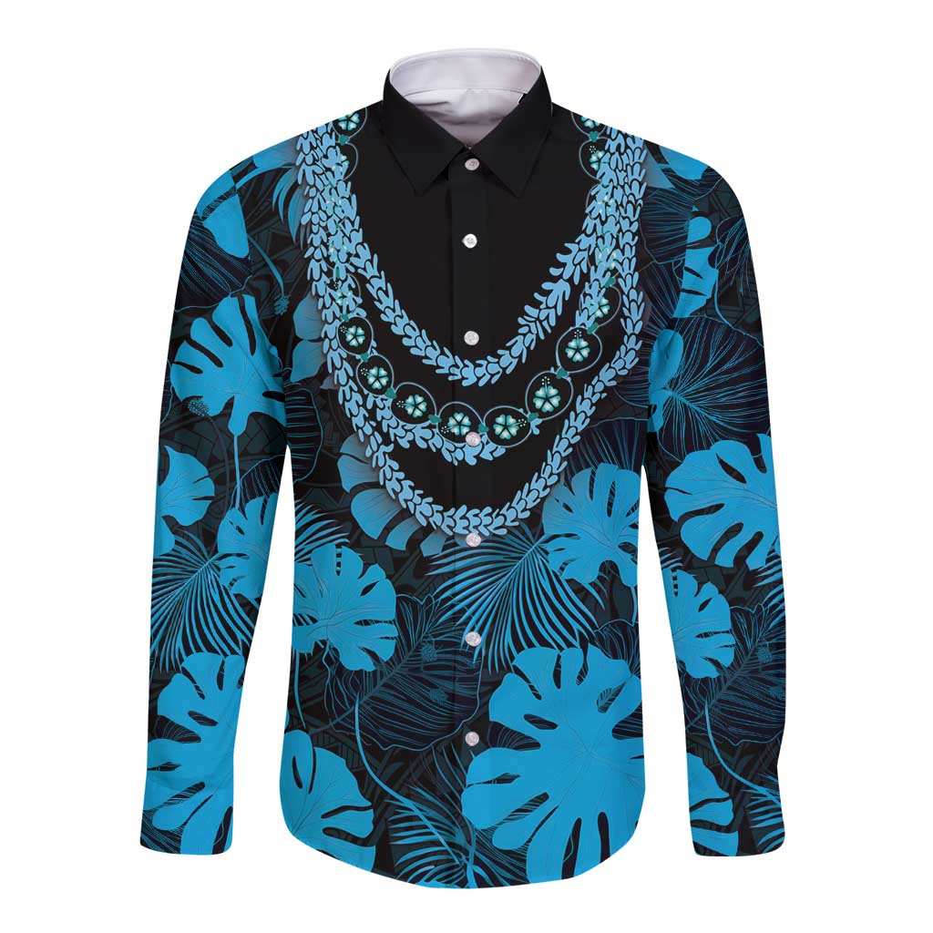 Blue Hawaii Kukui Nut Lei Long Sleeve Button Shirt Hawaiian Pattern Monstera Tropical Vibes - Polynesian Pride