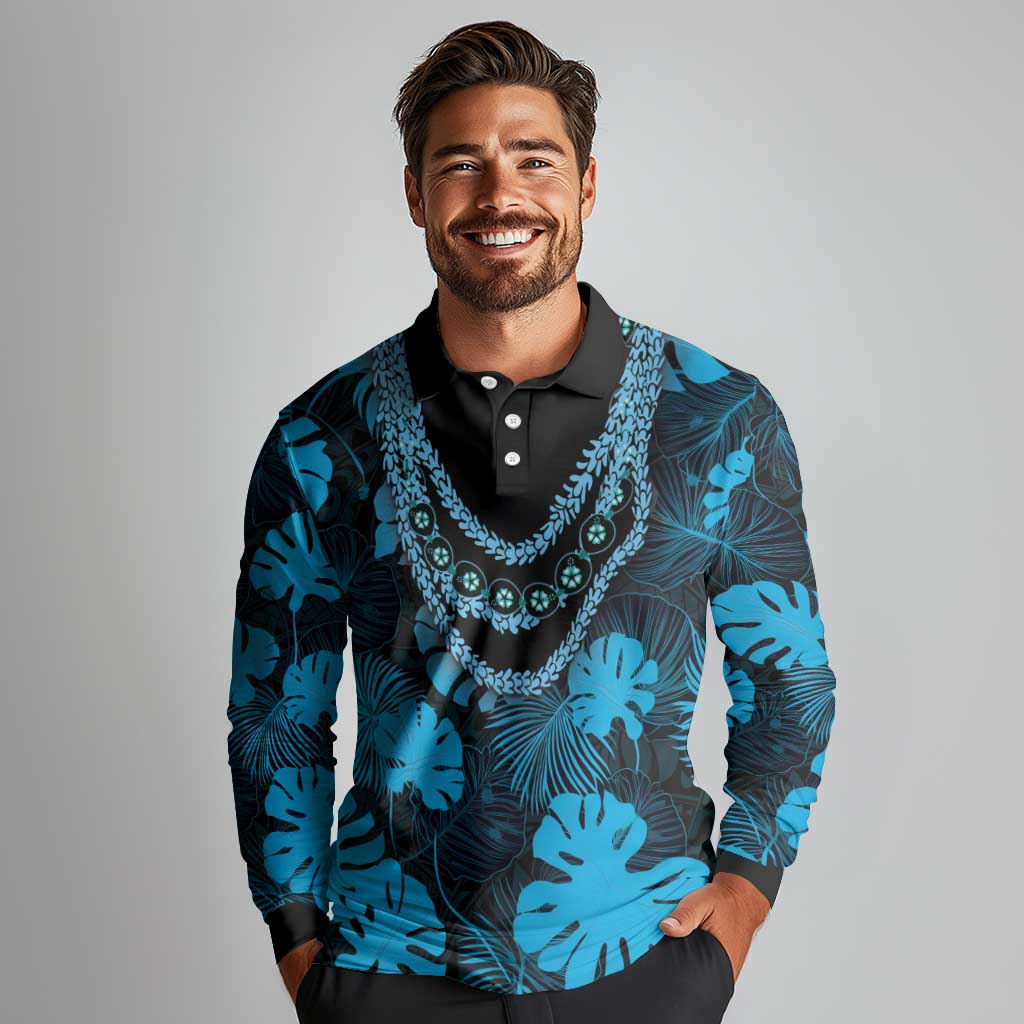 Blue Hawaii Kukui Nut Lei Long Sleeve Polo Shirt Hawaiian Pattern Monstera Tropical Vibes - Polynesian Pride