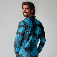 Blue Hawaii Kukui Nut Lei Long Sleeve Polo Shirt Hawaiian Pattern Monstera Tropical Vibes - Polynesian Pride