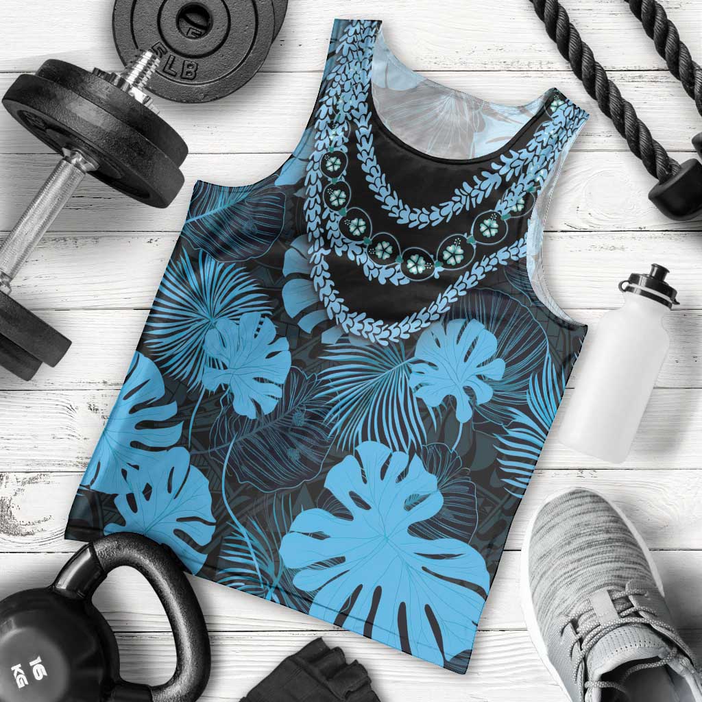 Blue Hawaii Kukui Nut Lei Men Tank Top Hawaiian Pattern Monstera Tropical Vibes - Polynesian Pride