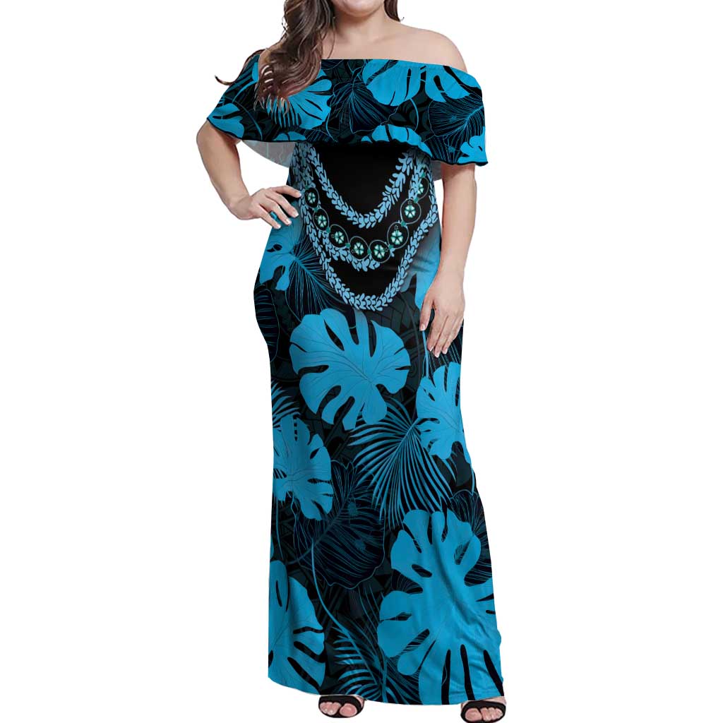 Blue Hawaii Kukui Nut Lei Off Shoulder Maxi Dress Hawaiian Pattern Monstera Tropical Vibes - Polynesian Pride