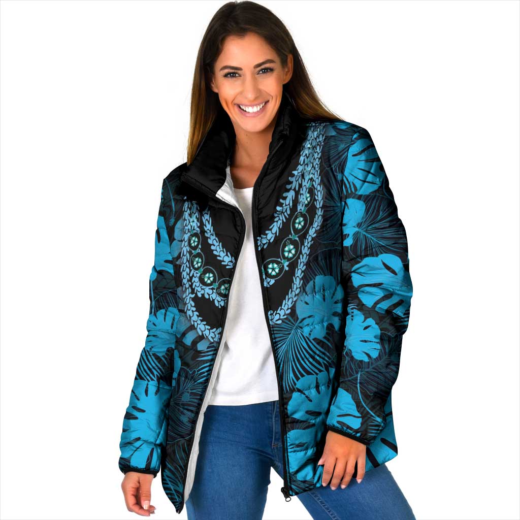 Blue Hawaii Kukui Nut Lei Padded Jacket Hawaiian Pattern Monstera Tropical Vibes - Polynesian Pride