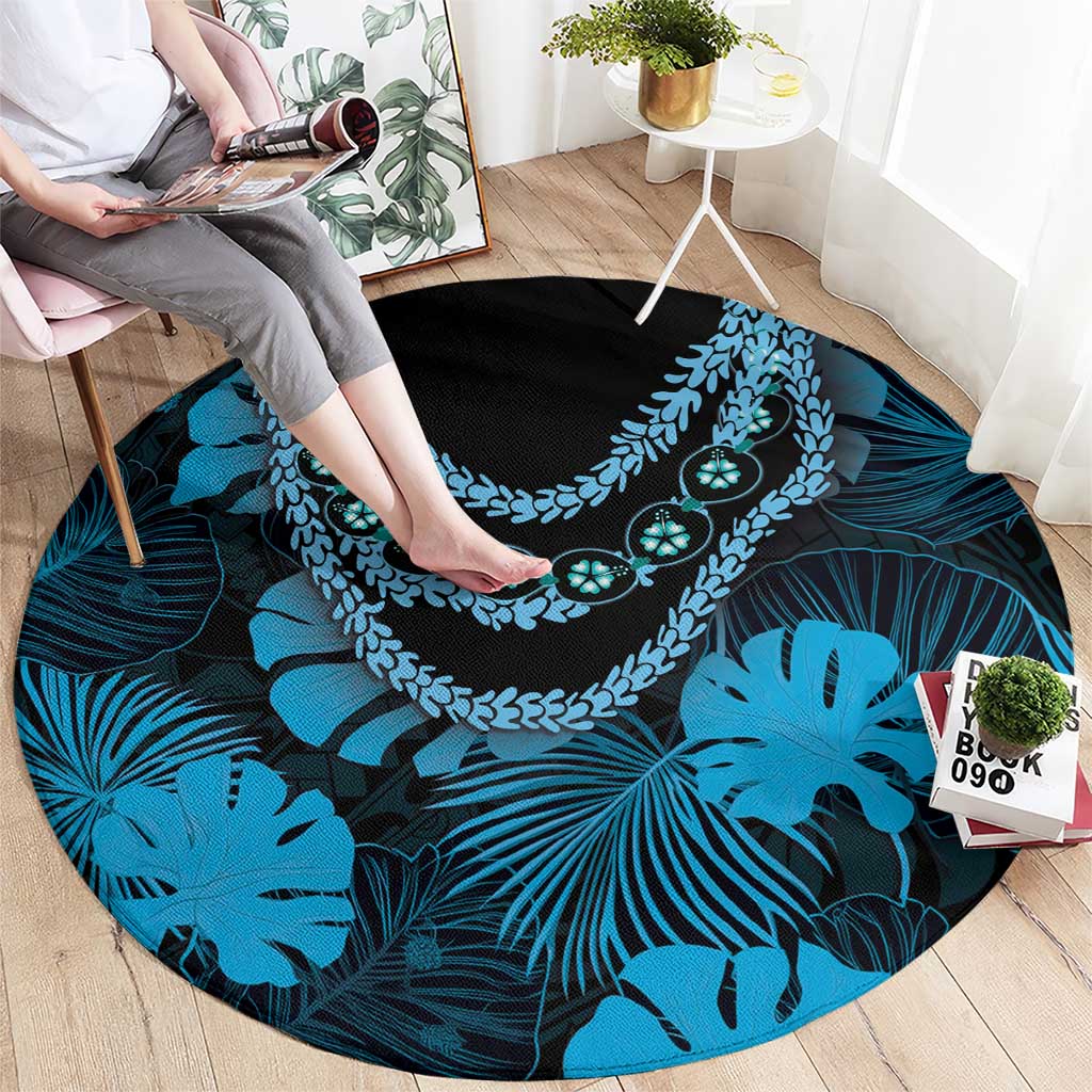 Blue Hawaii Kukui Nut Lei Round Carpet Hawaiian Pattern Monstera Tropical Vibes - Polynesian Pride