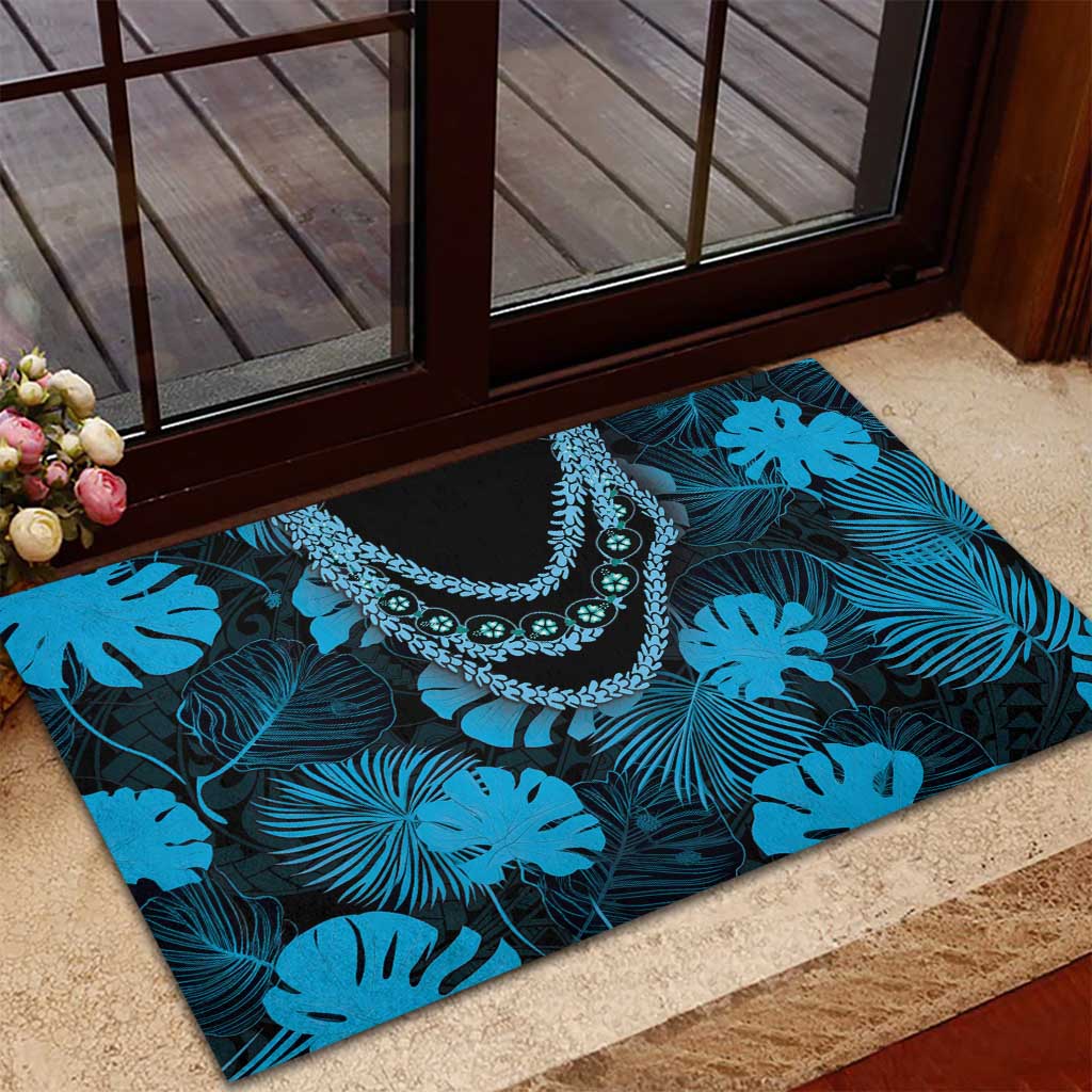 Blue Hawaii Kukui Nut Lei Rubber Doormat Hawaiian Pattern Monstera Tropical Vibes - Polynesian Pride