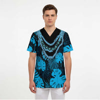 Blue Hawaii Kukui Nut Lei Scrub Top Hawaiian Pattern Monstera Tropical Vibes - Polynesian Pride