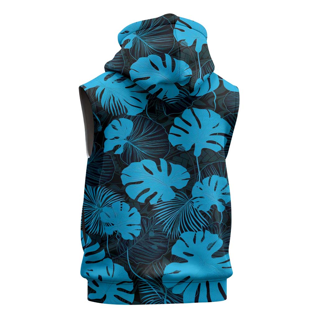 Blue Hawaii Kukui Nut Lei Sleeveless Hoodie Hawaiian Pattern Monstera Tropical Vibes - Polynesian Pride
