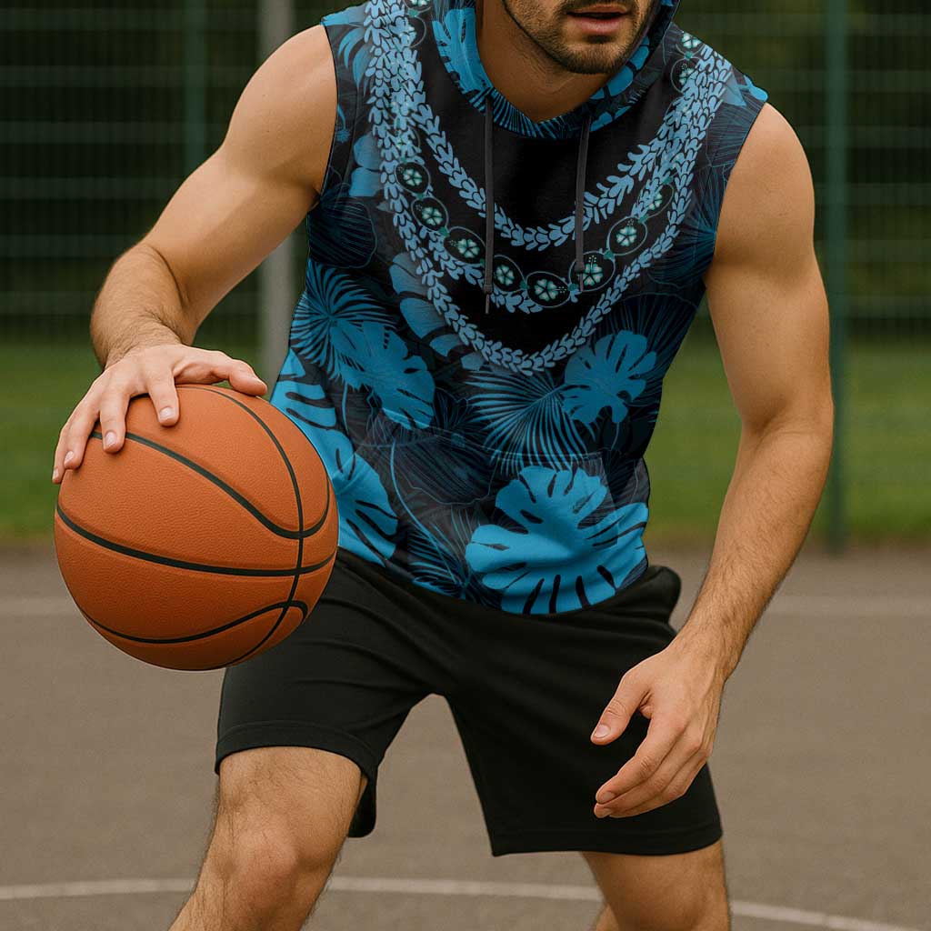 Blue Hawaii Kukui Nut Lei Sleeveless Hoodie Hawaiian Pattern Monstera Tropical Vibes - Polynesian Pride