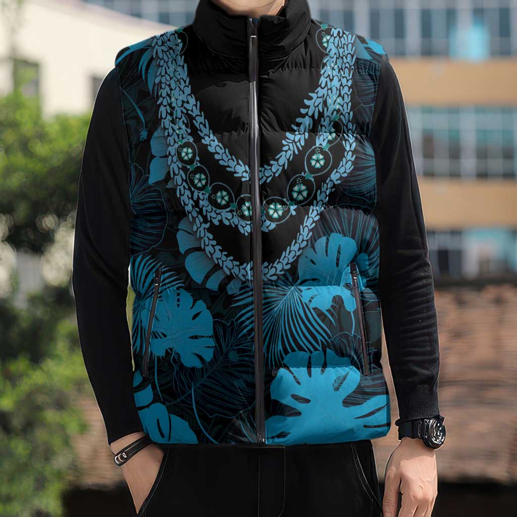 Blue Hawaii Kukui Nut Lei Sleeveless Puffer Jacket Hawaiian Pattern Monstera Tropical Vibes - Polynesian Pride