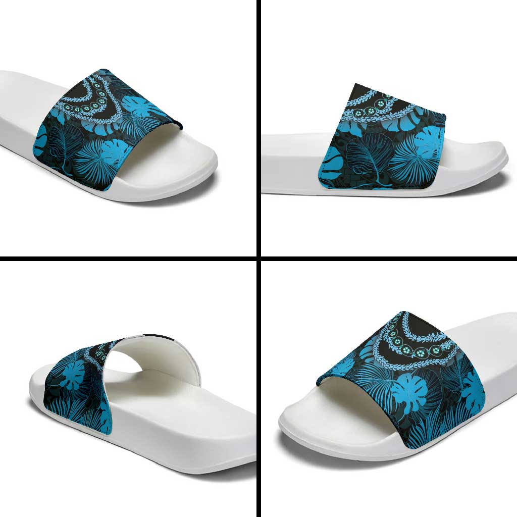Blue Hawaii Kukui Nut Lei Slide Sandals Hawaiian Pattern Monstera Tropical Vibes - Polynesian Pride