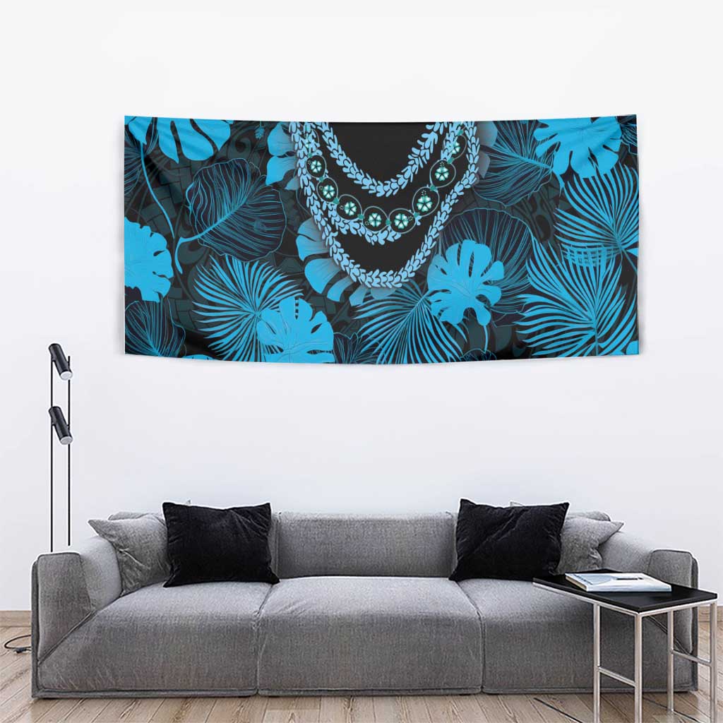 Blue Hawaii Kukui Nut Lei Tapestry Hawaiian Pattern Monstera Tropical Vibes - Polynesian Pride