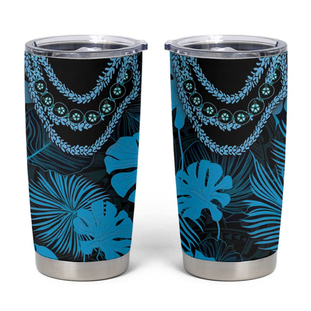 Blue Hawaii Kukui Nut Lei Tumbler Cup Hawaiian Pattern Monstera Tropical Vibes - Polynesian Pride