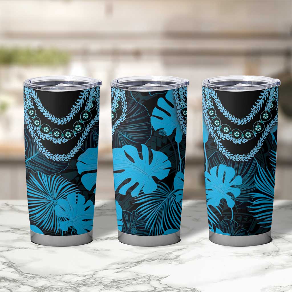 Blue Hawaii Kukui Nut Lei Tumbler Cup Hawaiian Pattern Monstera Tropical Vibes - Polynesian Pride