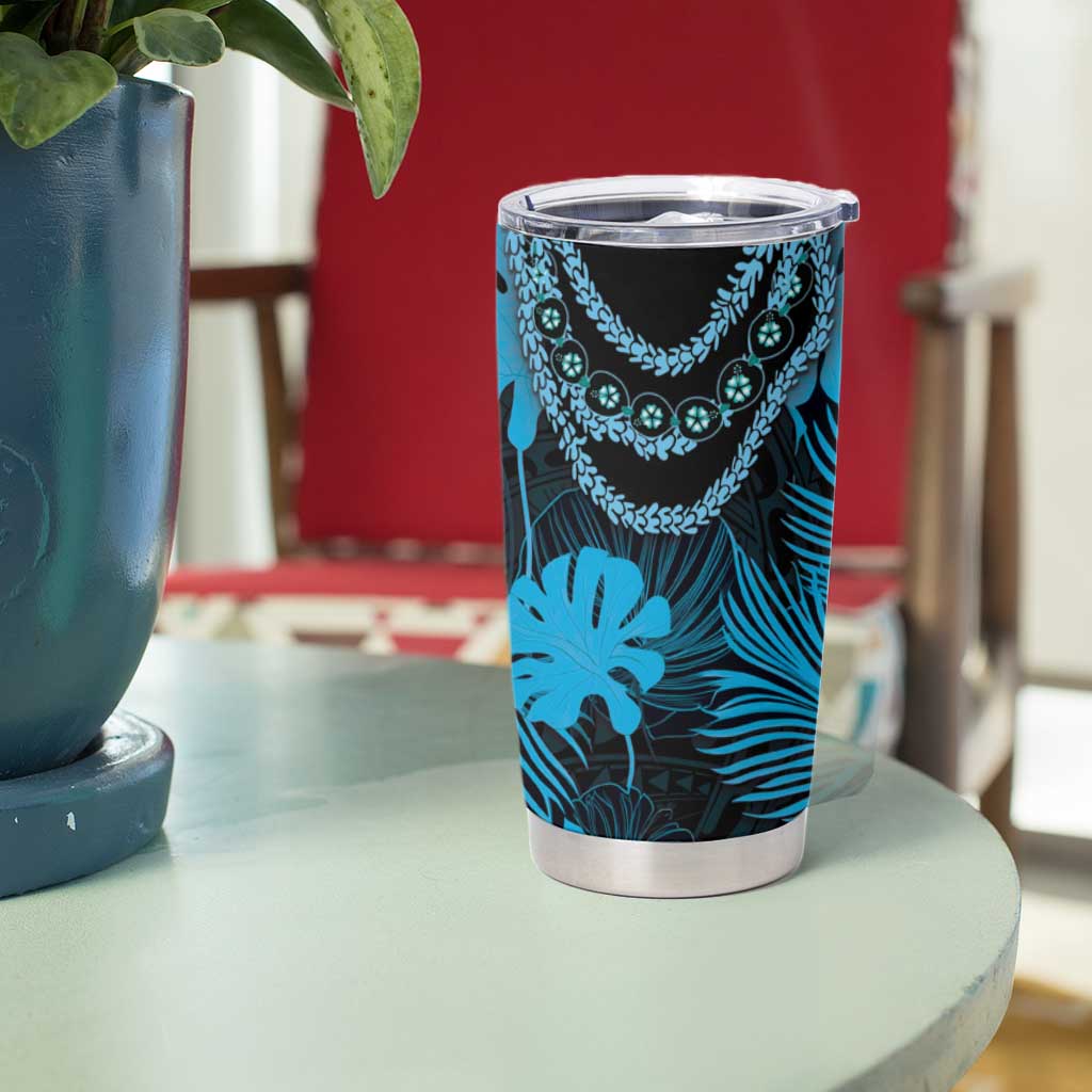 Blue Hawaii Kukui Nut Lei Tumbler Cup Hawaiian Pattern Monstera Tropical Vibes - Polynesian Pride