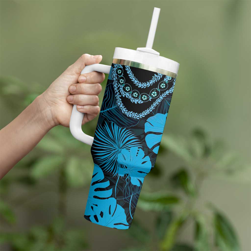Blue Hawaii Kukui Nut Lei Tumbler With Handle Hawaiian Pattern Monstera Tropical Vibes - Polynesian Pride