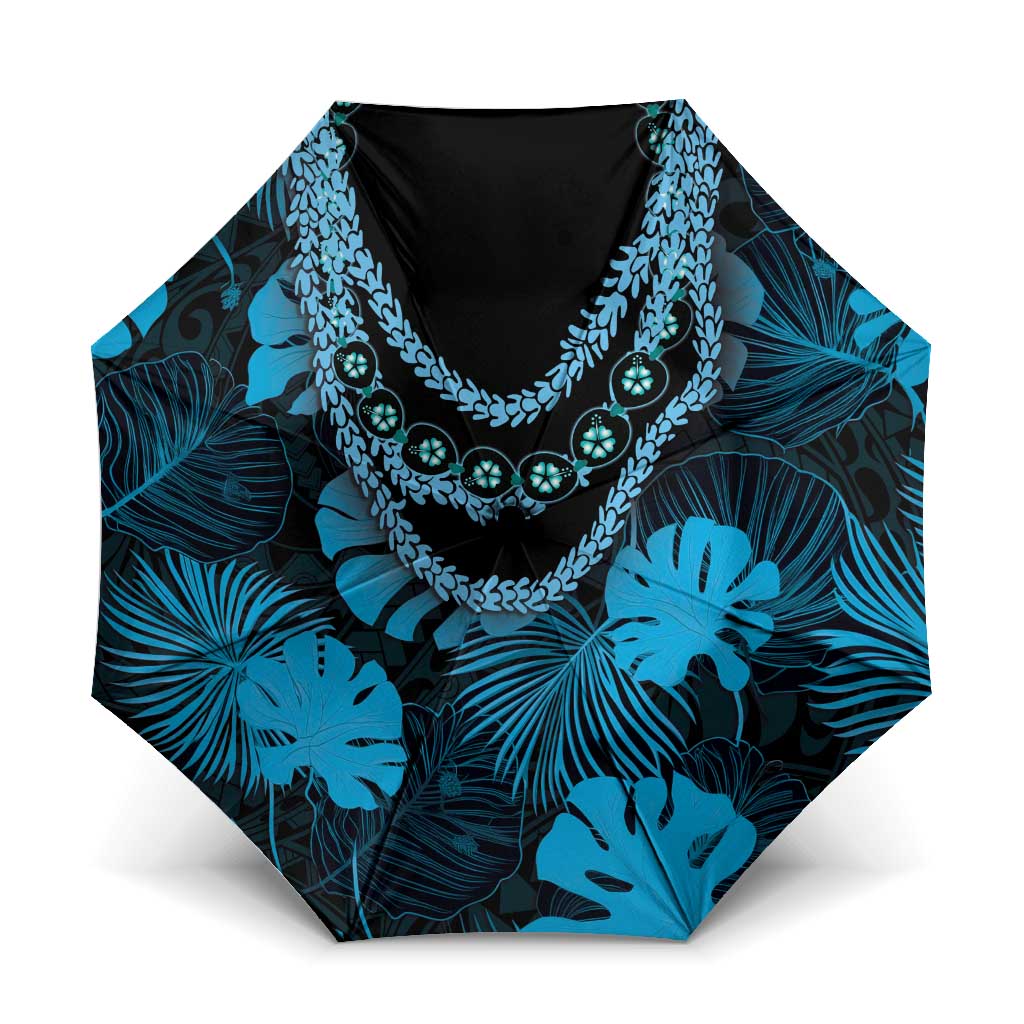 Blue Hawaii Kukui Nut Lei Umbrella Hawaiian Pattern Monstera Tropical Vibes - Polynesian Pride