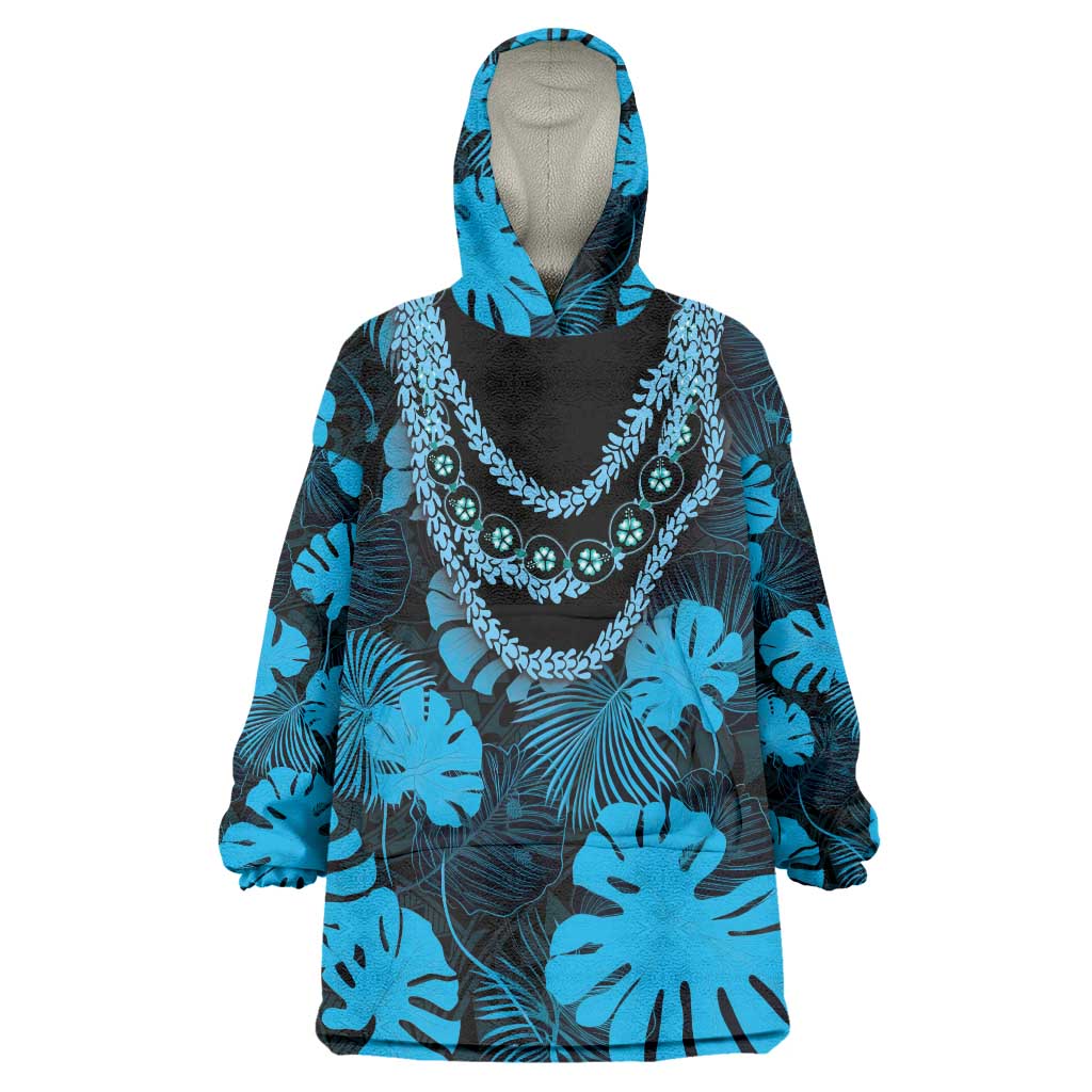 Blue Hawaii Kukui Nut Lei Wearable Blanket Hoodie Hawaiian Pattern Monstera Tropical Vibes - Polynesian Pride