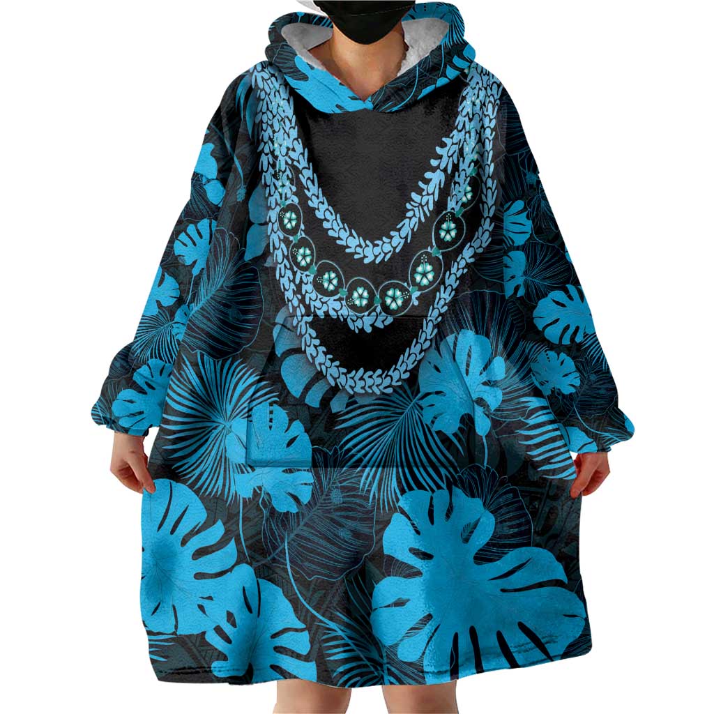 Blue Hawaii Kukui Nut Lei Wearable Blanket Hoodie Hawaiian Pattern Monstera Tropical Vibes - Polynesian Pride