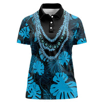 Blue Hawaii Kukui Nut Lei Women Polo Shirt Hawaiian Pattern Monstera Tropical Vibes - Polynesian Pride