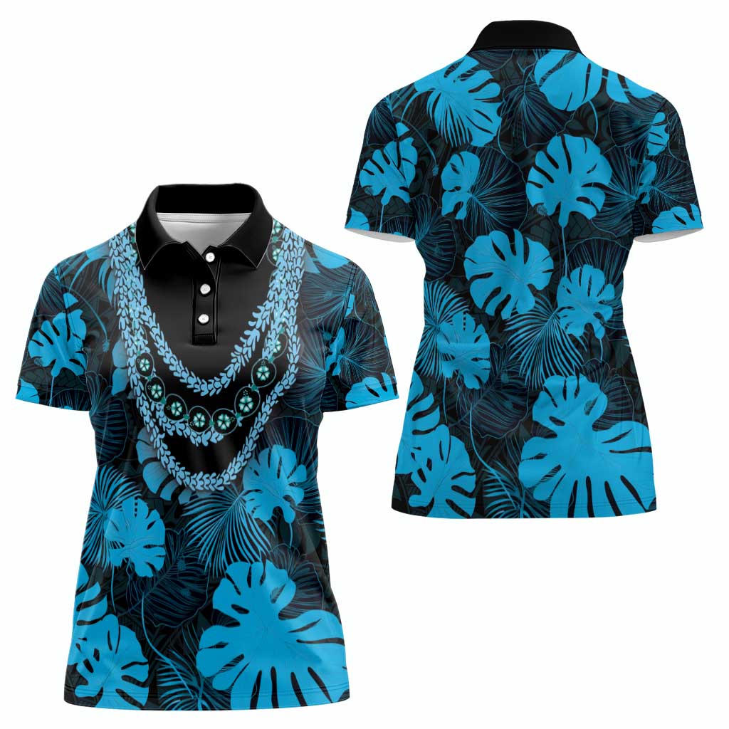 Blue Hawaii Kukui Nut Lei Women Polo Shirt Hawaiian Pattern Monstera Tropical Vibes - Polynesian Pride