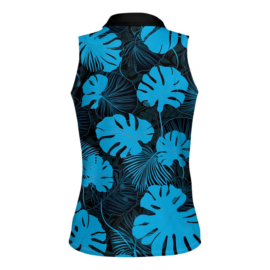 Blue Hawaii Kukui Nut Lei Women Sleeveless Polo Shirt Hawaiian Pattern Monstera Tropical Vibes - Polynesian Pride
