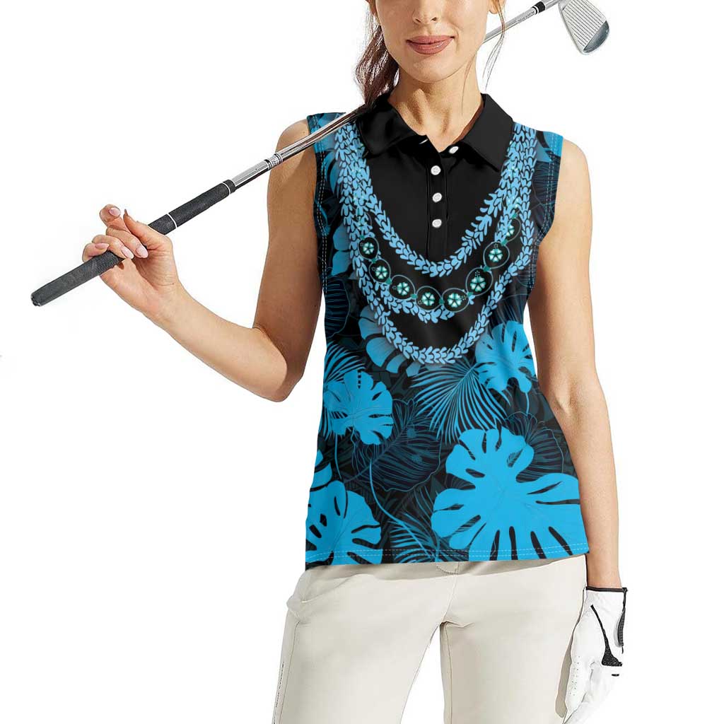 Blue Hawaii Kukui Nut Lei Women Sleeveless Polo Shirt Hawaiian Pattern Monstera Tropical Vibes - Polynesian Pride