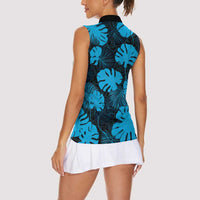 Blue Hawaii Kukui Nut Lei Women Sleeveless Polo Shirt Hawaiian Pattern Monstera Tropical Vibes - Polynesian Pride