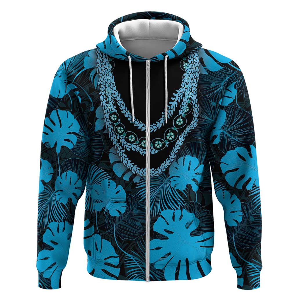 Blue Hawaii Kukui Nut Lei Zip Hoodie Hawaiian Pattern Monstera Tropical Vibes - Polynesian Pride
