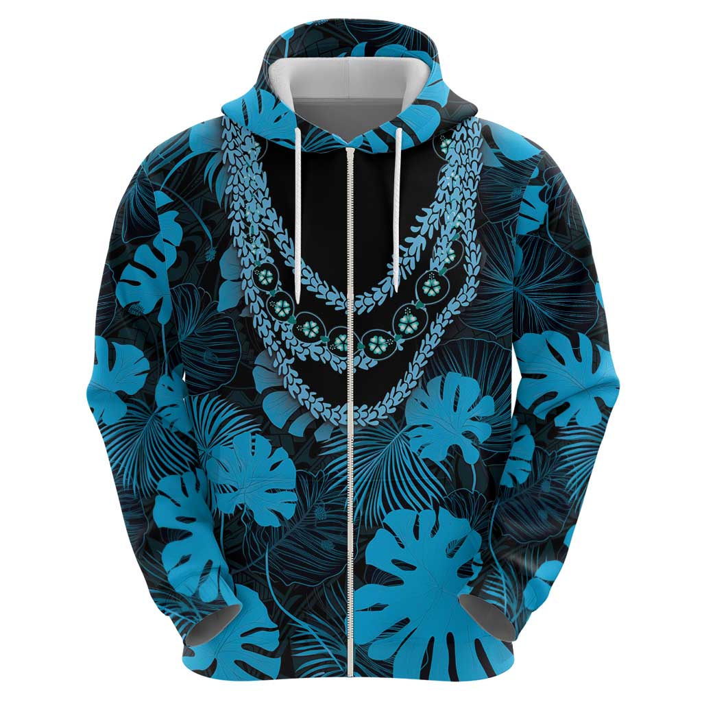 Blue Hawaii Kukui Nut Lei Zip Hoodie Hawaiian Pattern Monstera Tropical Vibes - Polynesian Pride