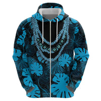 Blue Hawaii Kukui Nut Lei Zip Hoodie Hawaiian Pattern Monstera Tropical Vibes - Polynesian Pride