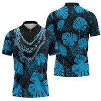 Blue Hawaii Kukui Nut Lei Zipper Polo Shirt Hawaiian Pattern Monstera Tropical Vibes - Polynesian Pride