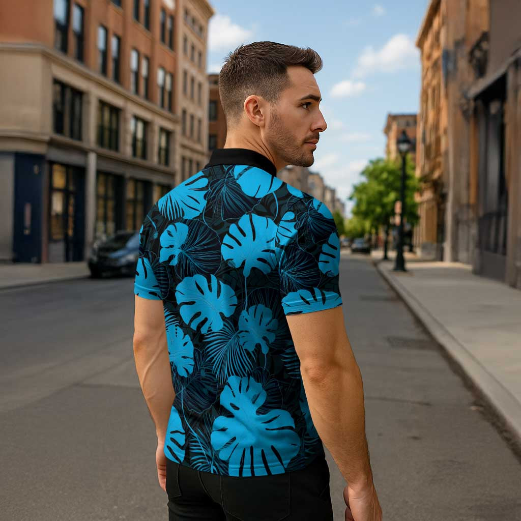 Blue Hawaii Kukui Nut Lei Zipper Polo Shirt Hawaiian Pattern Monstera Tropical Vibes - Polynesian Pride