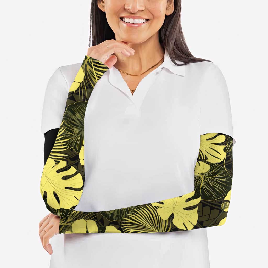 Yellow Hawaii Kukui Nut Lei Arm Sleeves Hawaiian Pattern Monstera Tropical Vibes - Polynesian Pride