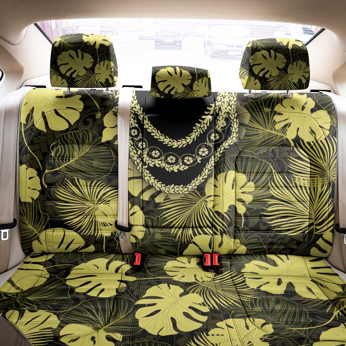 Yellow Hawaii Kukui Nut Lei Back Car Seat Cover Hawaiian Pattern Monstera Tropical Vibes - Polynesian Pride