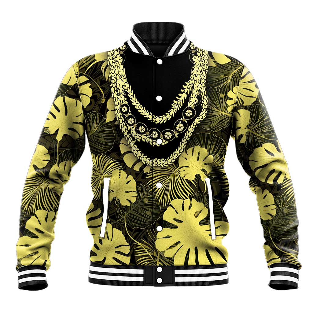 Yellow Hawaii Kukui Nut Lei Baseball Jacket Hawaiian Pattern Monstera Tropical Vibes - Polynesian Pride