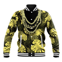 Yellow Hawaii Kukui Nut Lei Baseball Jacket Hawaiian Pattern Monstera Tropical Vibes - Polynesian Pride