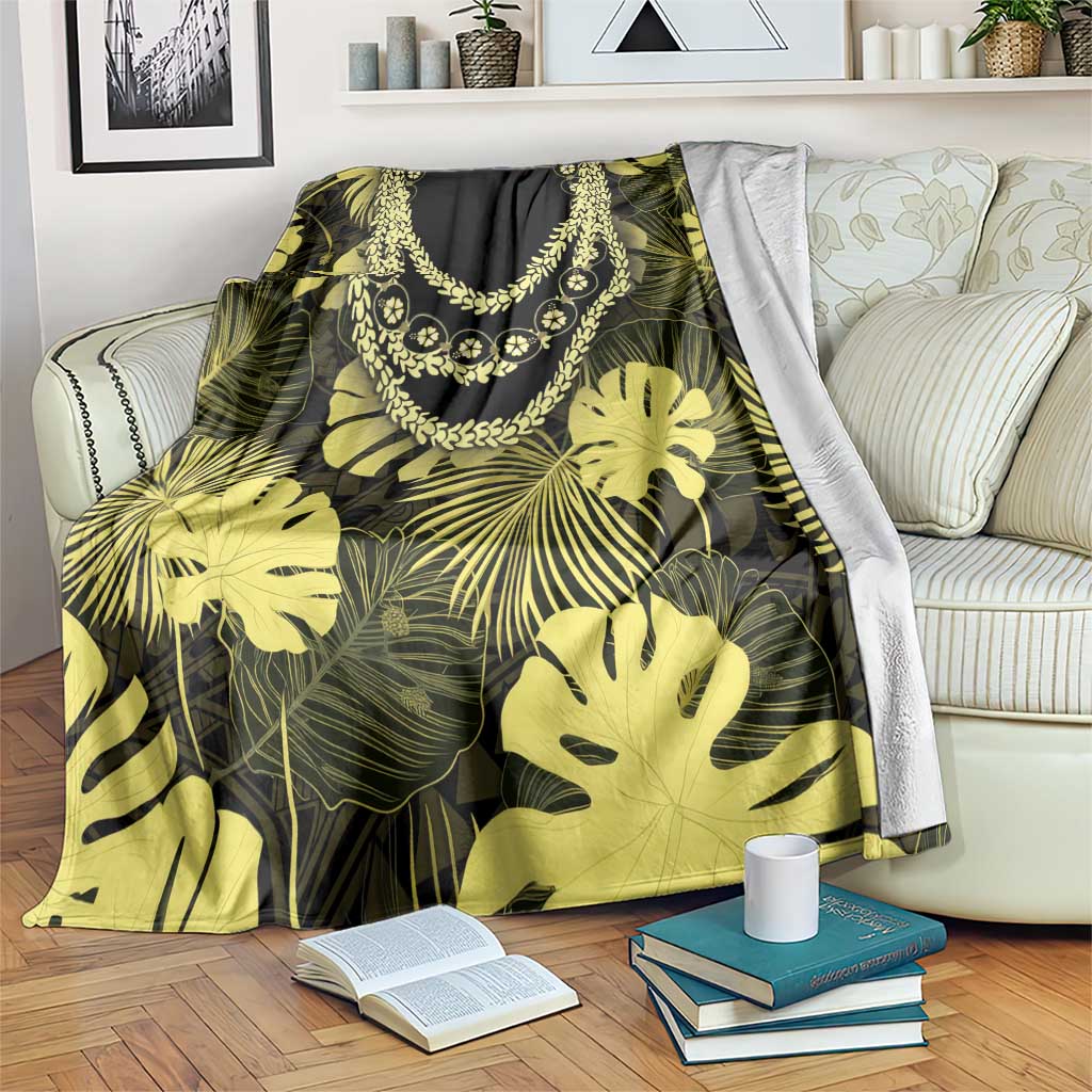 Yellow Hawaii Kukui Nut Lei Blanket Hawaiian Pattern Monstera Tropical Vibes - Polynesian Pride