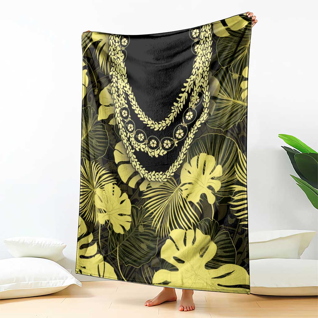 Yellow Hawaii Kukui Nut Lei Blanket Hawaiian Pattern Monstera Tropical Vibes - Polynesian Pride