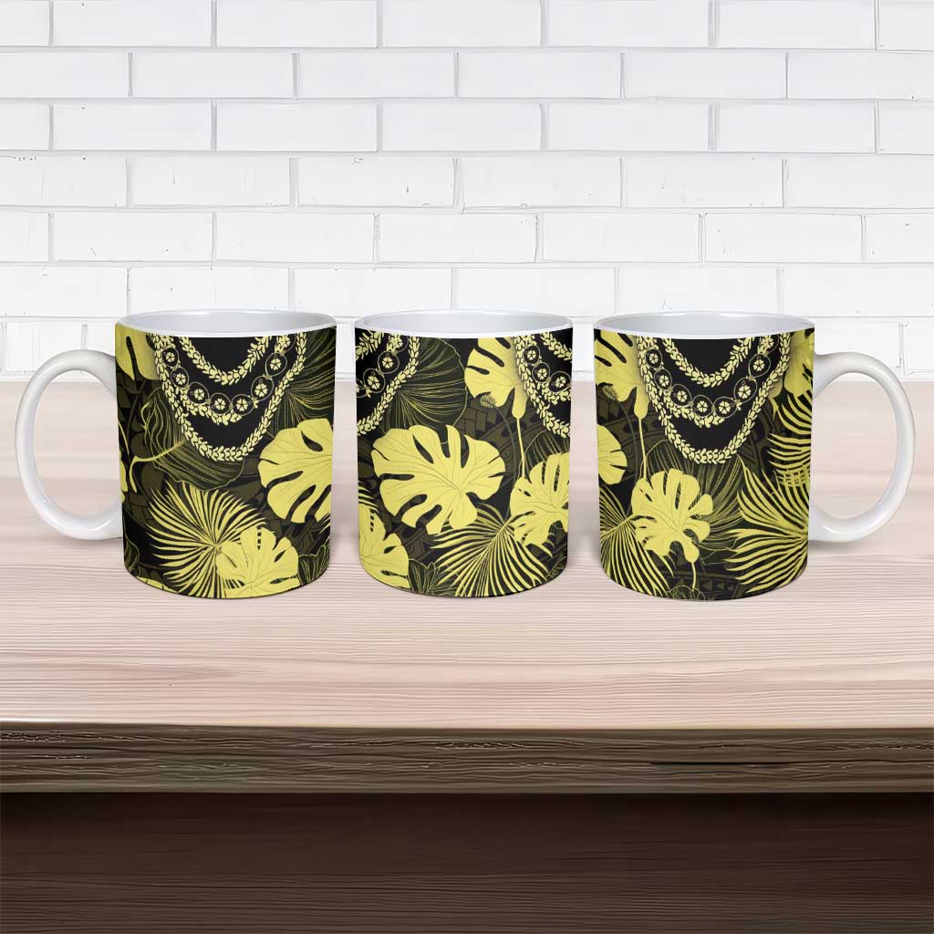 Yellow Hawaii Kukui Nut Lei Ceramic Mug Hawaiian Pattern Monstera Tropical Vibes - Polynesian Pride
