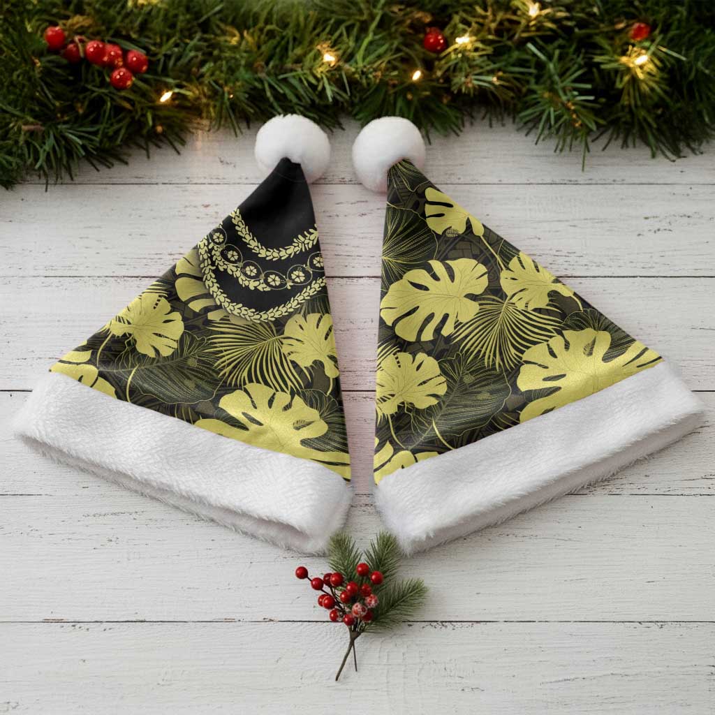 Yellow Hawaii Kukui Nut Lei Christmas Santa Hat Hawaiian Pattern Monstera Tropical Vibes - Polynesian Pride