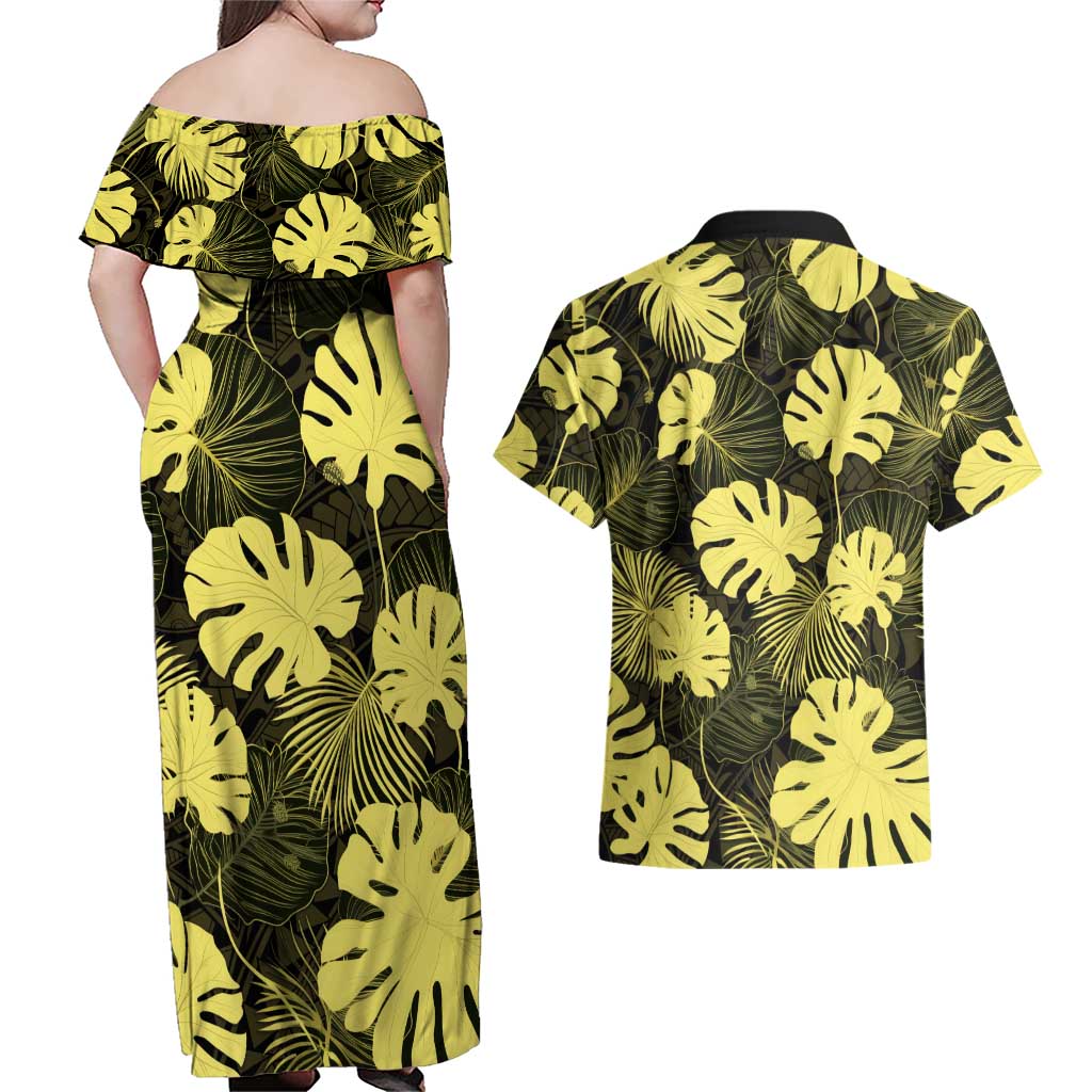 Yellow Hawaii Kukui Nut Lei Couples Matching Off Shoulder Maxi Dress and Hawaiian Shirt Hawaiian Pattern Monstera Tropical Vibes - Polynesian Pride