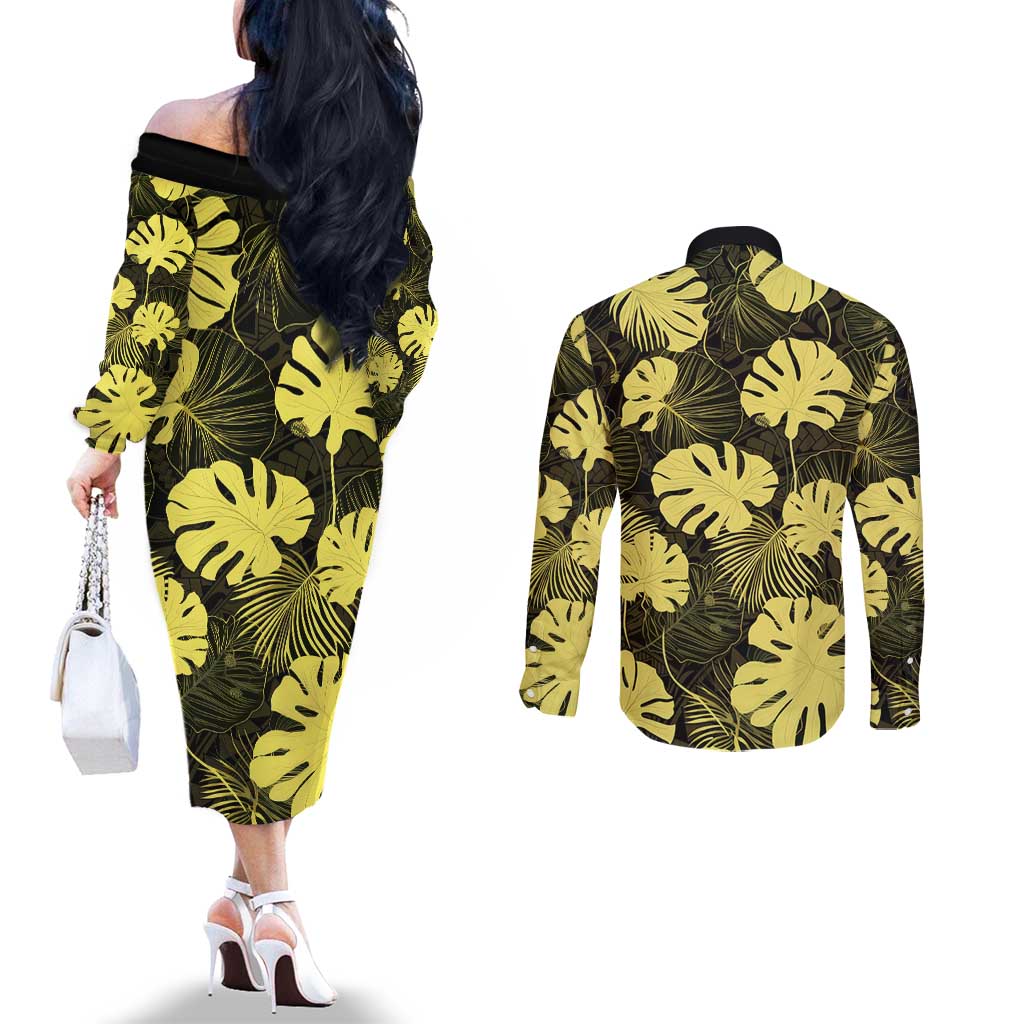 Yellow Hawaii Kukui Nut Lei Couples Matching Off The Shoulder Long Sleeve Dress and Long Sleeve Button Shirt Hawaiian Pattern Monstera Tropical Vibes - Polynesian Pride