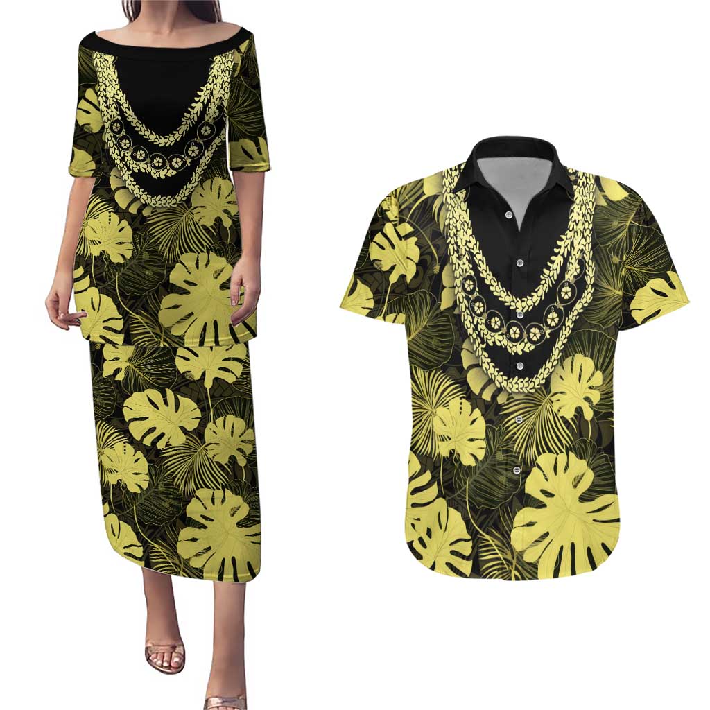 Yellow Hawaii Kukui Nut Lei Couples Matching Puletasi and Hawaiian Shirt Hawaiian Pattern Monstera Tropical Vibes LT14 Yellow - Polynesian Pride