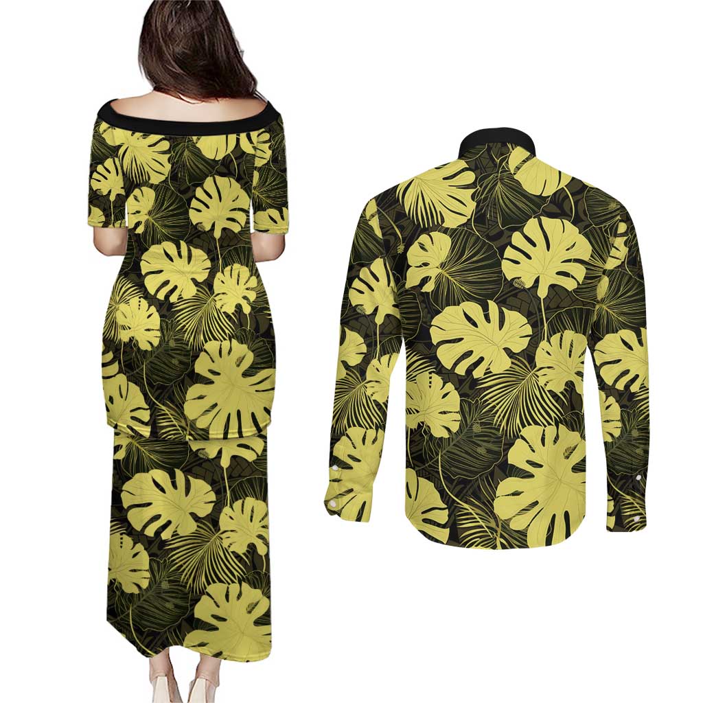 Yellow Hawaii Kukui Nut Lei Couples Matching Puletasi and Long Sleeve Button Shirt Hawaiian Pattern Monstera Tropical Vibes - Polynesian Pride