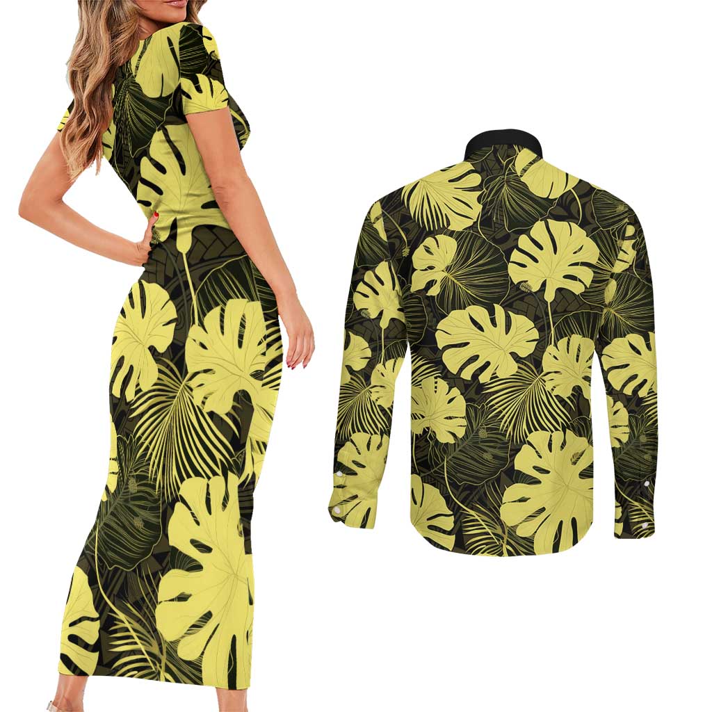 Yellow Hawaii Kukui Nut Lei Couples Matching Short Sleeve Bodycon Dress and Long Sleeve Button Shirt Hawaiian Pattern Monstera Tropical Vibes - Polynesian Pride