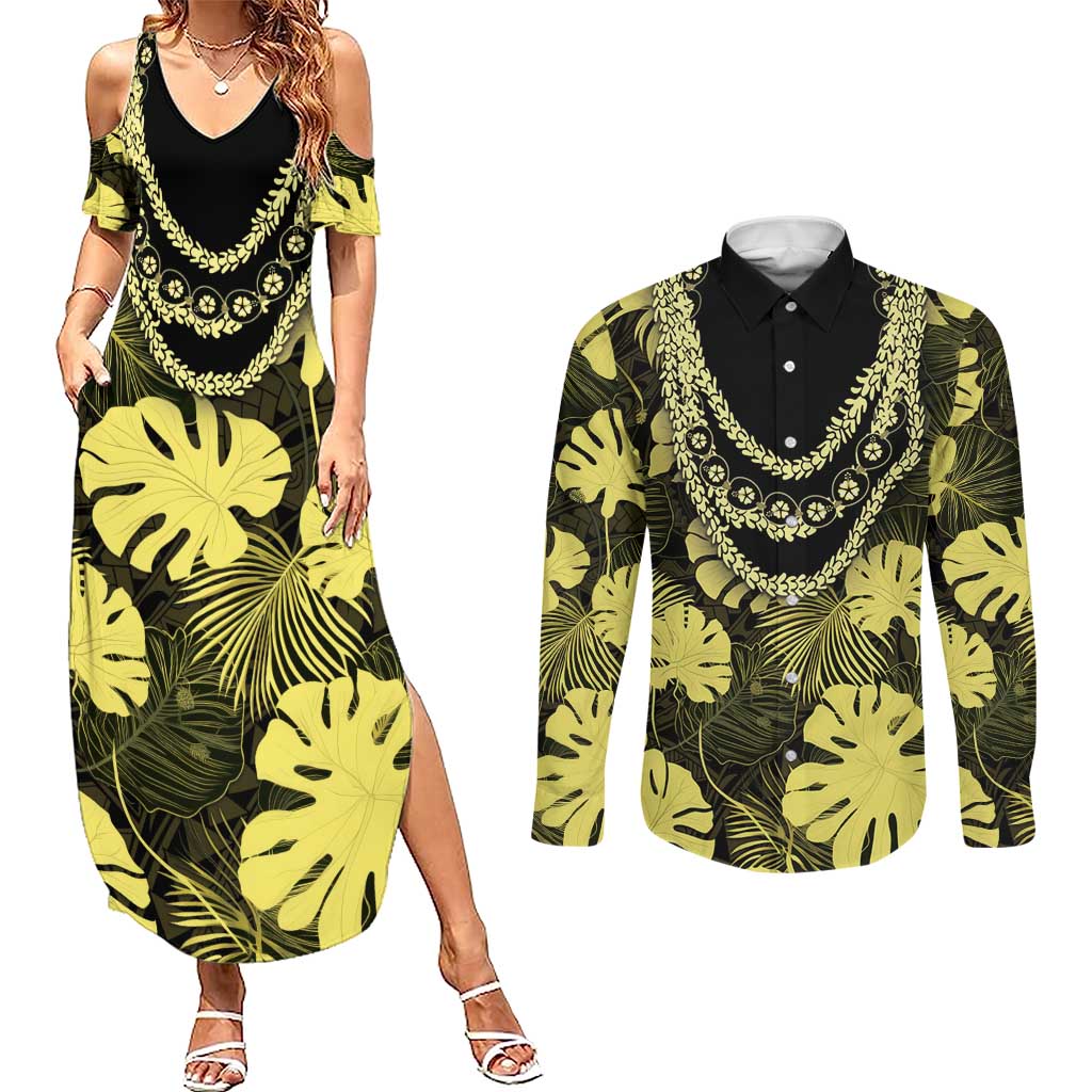 Yellow Hawaii Kukui Nut Lei Couples Matching Summer Maxi Dress and Long Sleeve Button Shirt Hawaiian Pattern Monstera Tropical Vibes - Polynesian Pride