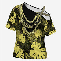 Yellow Hawaii Kukui Nut Lei Cross Shoulder Shirt Hawaiian Pattern Monstera Tropical Vibes - Polynesian Pride